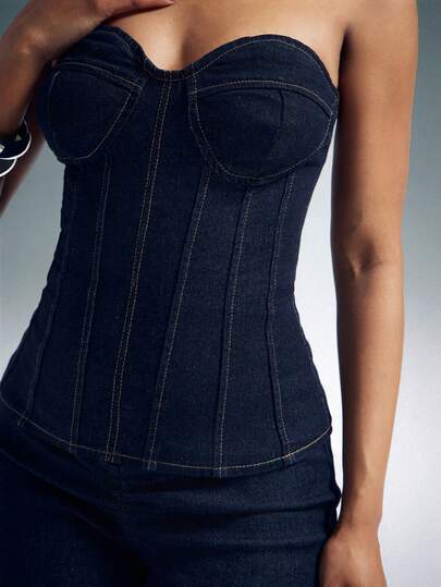 Denimoi Cinched Waist Lace Up Back Sleeveless Denim Corset Top Sexy Tops Fashionable Denim Tops