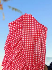 Vaytide Women's Vacation Beach Plaid Spaghetti Strap Floral Print Tankini Swimsuit Set With Mini Skirt - Red - View 6