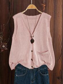 EMERY ROSE Chaleco casual de punto con cuello en V y botones sin mangas de unicolor para mujer talla grande, /otoño - Rosa vieja - Ver 3