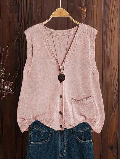 Linhara Plus Size Women Solid Color Knitted V-Neck Button Sleeveless Casual Pullover Vest, Spring/Autumn