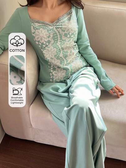 DAZY 2件套女士蕾丝边饰仿蕾丝印花长袖T恤和宽松直筒长睡裤睡衣套装，春季