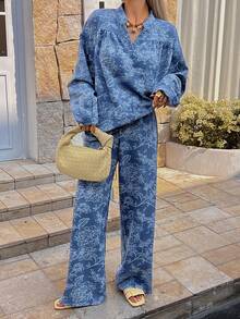 DAZY Women's Half-Zip Drop Shoulder Loose Retro Versatile 2 Pieces Set - Blue - View 3