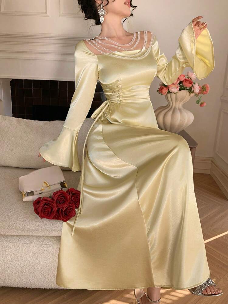 Women's Solid Color Lace-Up Waist Long Sleeve Dress Sundress