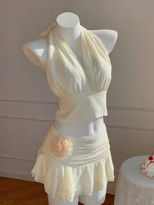 SHEIN EZwear 2 件套女士夏季褶皱露背上衣和迷你裙套装 - 杏色 - 查看 4