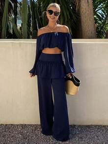 DAZY 2pcs Women Off-Shoulder Short Blouse & Wide Leg Pants Casual Vacation Outfit, Spring/Summer - Blue - View 7