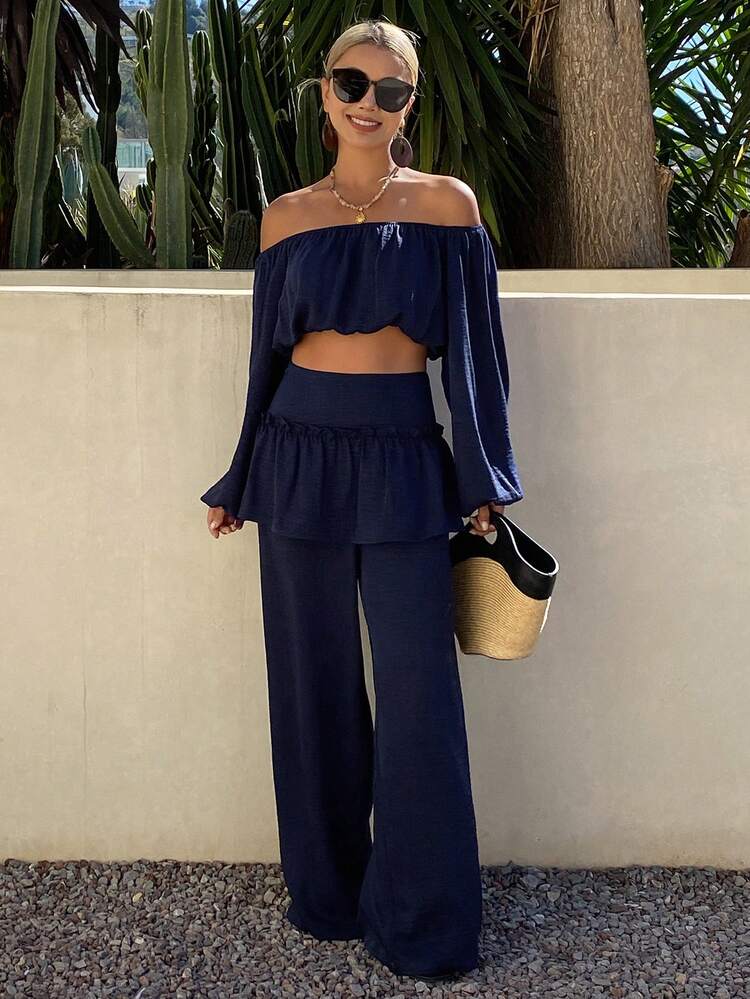 2pcs Women Off-Shoulder Short Blouse & Wide Leg Pants Casual Vacation Outfit, Spring/Summer