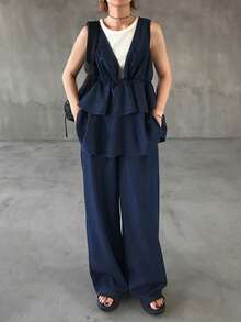 FRIFUL Women's Fashion Double Ruffle Hem Camisole & Denim Pants Set - Black - View 7