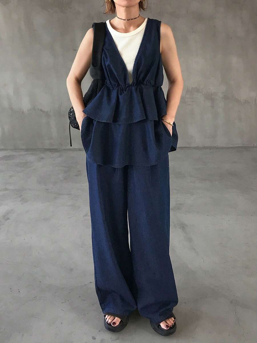 FRIFUL Women's Fashion Double Ruffle Hem Camisole & Denim Pants Set - Black - View 1