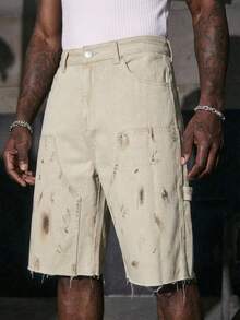 ROMWE MEN Street Life Bermudas de mezclilla holgadas, versátiles y casuales con bolsillos para hombre - Caqui - Ver 2