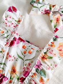 SHEIN Vintaside Kids 女嬰掛脖洋裝 白色花卉 夏季波西米亞風 度假度假風 粉白格紋草莓印花 荷葉邊 A字裙 派對婚禮拍照穿搭 - 紫色 - 查看 4