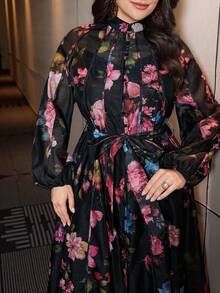 Modelyn Floral Print Stand Collar Long Sleeve Loose Regular Dress, Plus Size, Spring/Autumn - Multicolor - View 1