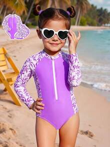 New Stylish Girls Kid's Printed One-Piece Swimsuit - Purple - View 3