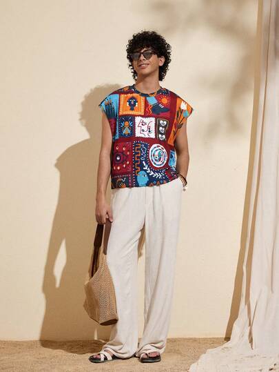 Felipe Marques Men's Bee & Plant Print Crew Neck Short Sleeve Casual T-Shirt