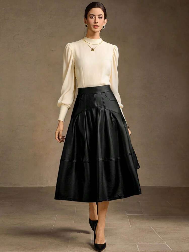 WOMEN'S PU LEATHER FOLD PLEATED A-LINE SKIRT