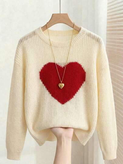 Chiquease 浪漫情人节主题提花毛衣，百搭时尚，适合派对穿着。长袖圆领提花毛衣，优雅显瘦，可作晚装、晚礼服、情人节毛衣、女士情人节服装、优雅派对/生日上衣。毕业季服装、时尚休闲通勤装、商务办公装、百搭时尚日常休闲装、都市教师职业装、土耳其长袍、阿拉伯长袍等，适合女性穿着。