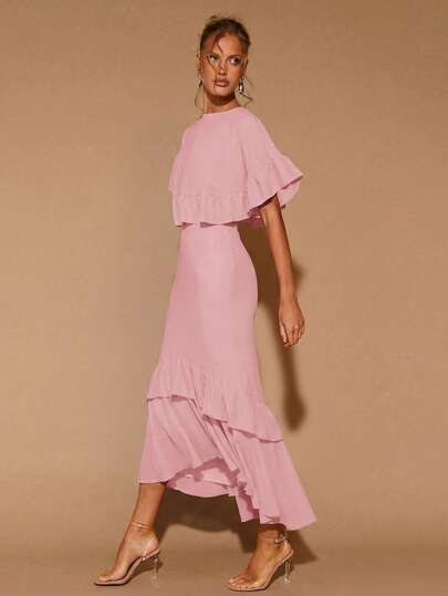 COSMINA Women's Elegant Ruffle Hem Long Sleeve Round Neck Dress, Suitable For Dates, Parties, All Seasons