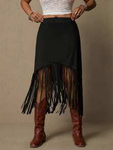 Freevana Plus Size Bohemian Suede Fringe Skirt, Casual Holiday Style - Black - View 3