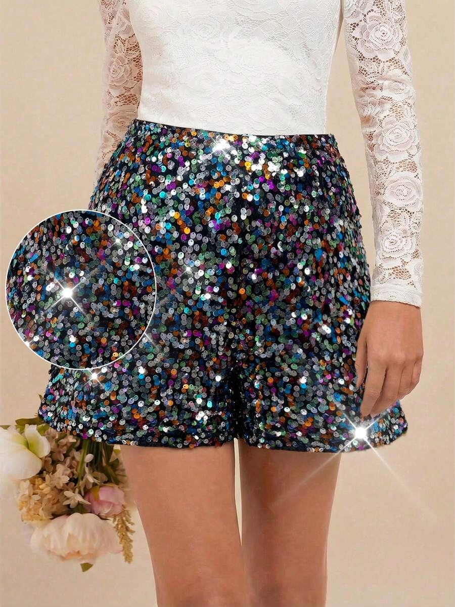 SHEIN Clasi Quần short đính sequin thanh lịch dành cho nữ cỡ lớn - Nhiều màu - Xem 1