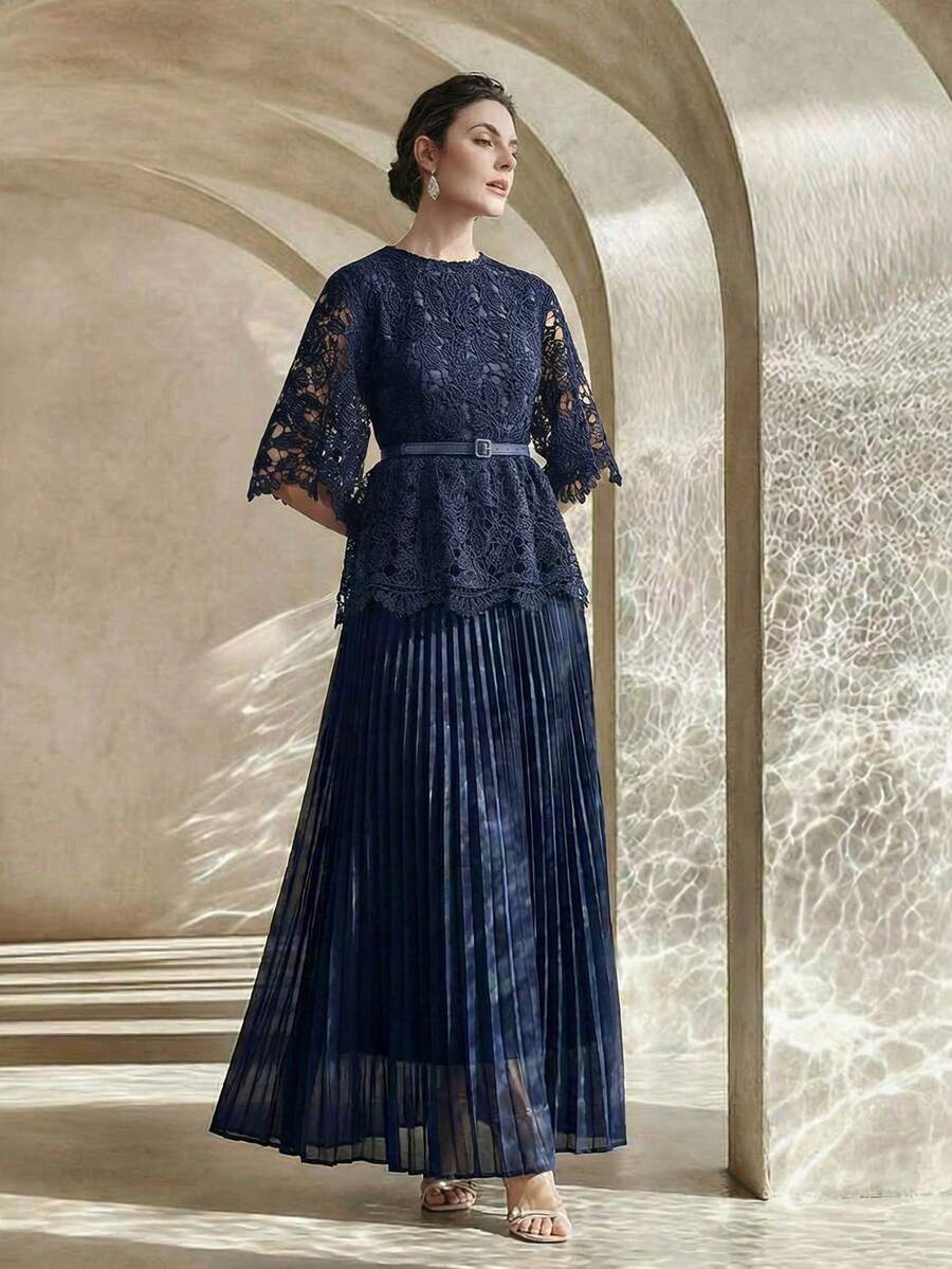 Anewsta Navy Blue New Arrival Embroidered Lace Fabric Mid-Sleeve Flare Sleeve Cinched Waist Waist Pleated Maxi Elegant Dress For Women, Spring/Summer - Navy Blue - View 1