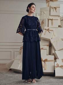 Anewsta Navy Blue New Arrival Embroidered Lace Fabric Mid-Sleeve Flare Sleeve Cinched Waist Waist Pleated Maxi Elegant Dress For Women, Spring/Summer - Navy Blue - View 5