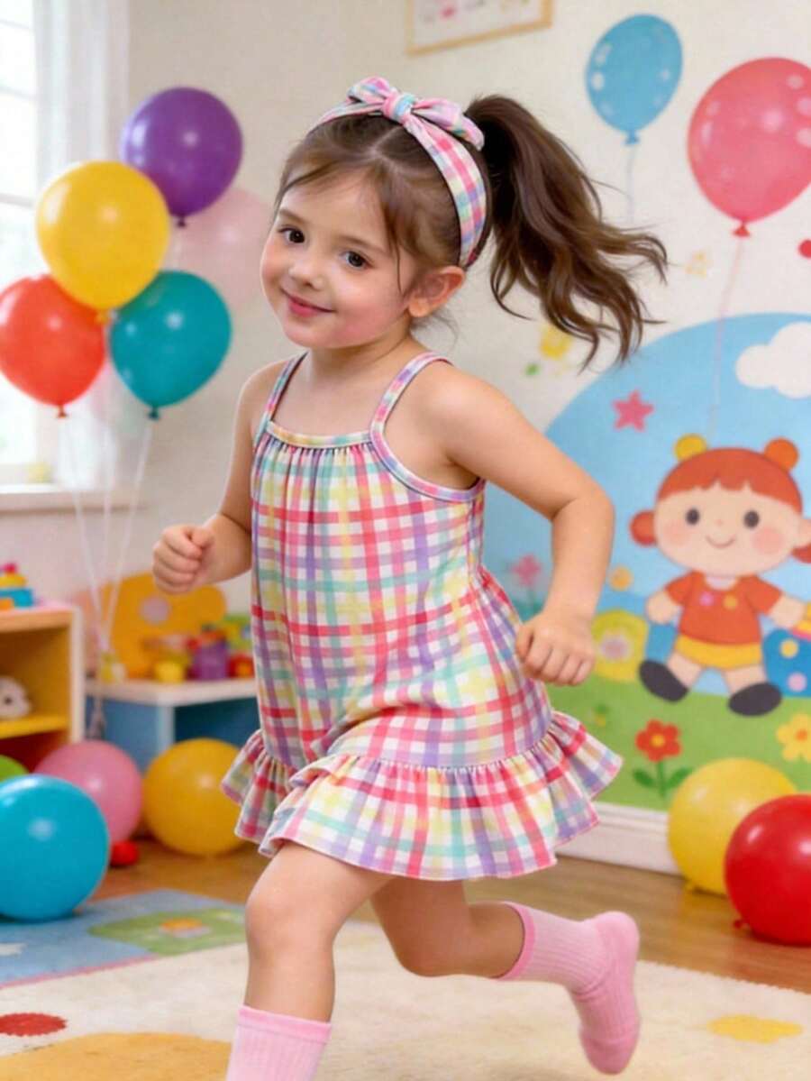 SHEIN Playful Pals 女婴休闲可爱多色条纹印花梭织连衣裙,夏季 - 彩色 - 查看 1