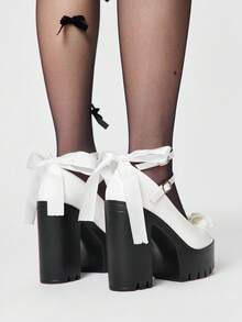 ROMWE Kawaii Zapatos de plataforma estilo Mary Jane sexy para mujer con adorno de lazo de encaje en la parte trasera; elegante correa doble ajustable con hebilla en la parte posterior para y otoño; perfectos para fiestas, salidas y citas. - Blanco - Ver 5