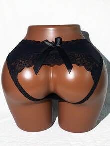 SpicyHot Solid Color Lace Hollow Out & See-Through Detail Sexy Thong Panties For Going Out - Black - View 1