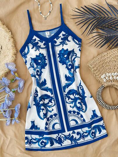 Tween Girls Dresses Blue And White Porcelain Pattern Print Floral Print Casual Vacation Cami Dress,Leisure Vacation, Beach, New Fashion Styles