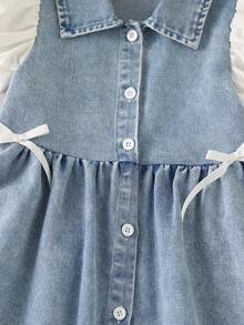 Elladie kids 1 chiếc đầm denim mùa hè kiểu dáng dễ thương, thoải mái dành cho bé gái, thiết kế phối màu. - Màu xanh lam - Xem 4