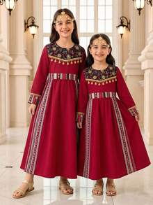 SHEIN Young Girl Watercolor Floral Sequin Dress, Elegant & Charming, Suitable For Holidays, Parties, Outings, Spring/Summer/Autumn - Burgundy - View 1