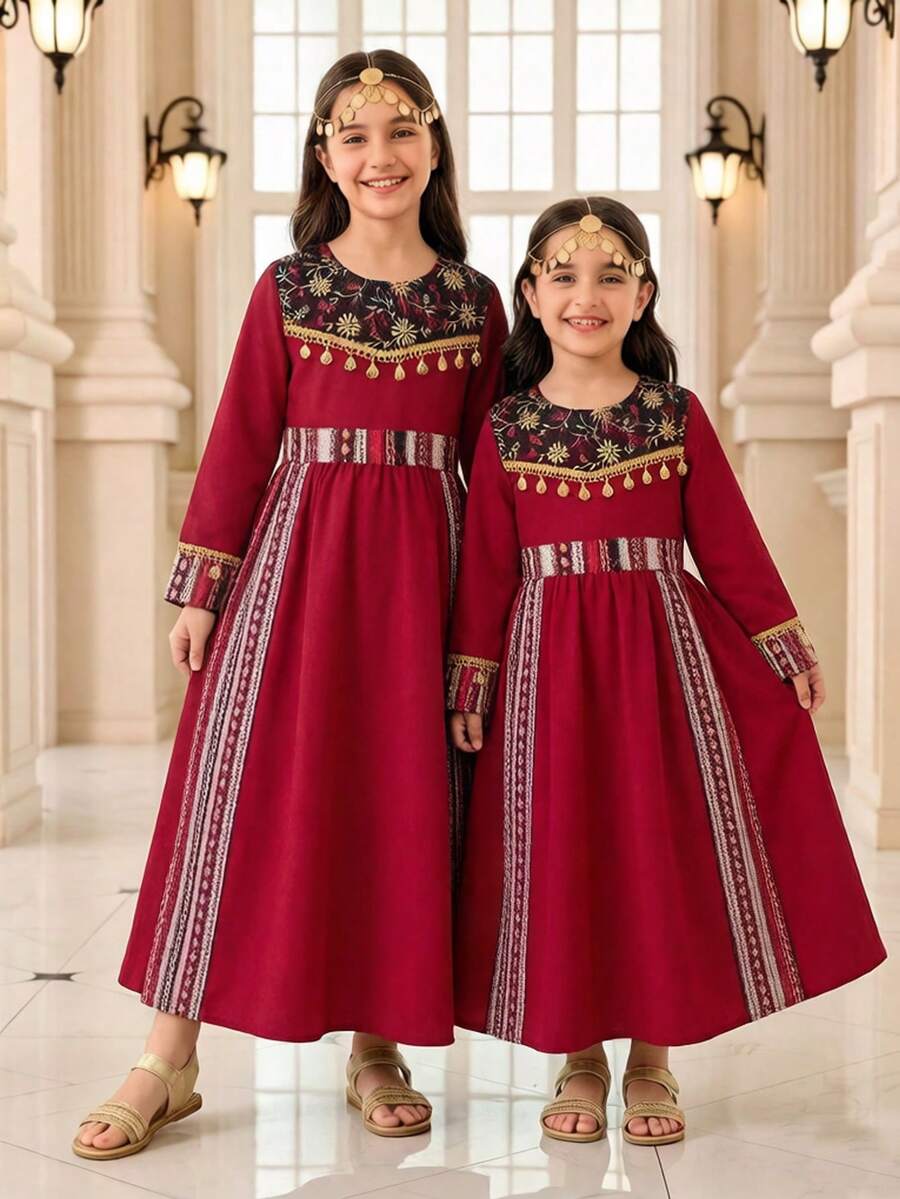 SHEIN Young Girl Watercolor Floral Sequin Dress, Elegant & Charming, Suitable For Holidays, Parties, Outings, Spring/Summer/Autumn - Burgundy - View 1