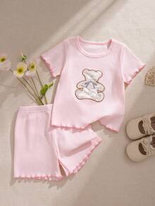 Souflis Souflis Baby Summer Sets New Arrival Casual Bear Embroidered Pattern Squishy Cotton Knit Pink Cute Tops Pink Shorts - Baby Pink - View 2