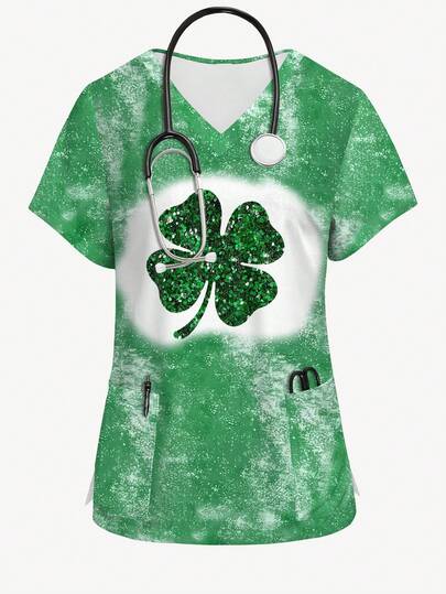 PopScrub ملابس علوية موحد للممرضات بطبعة أربعة أوراق البرسيم اللامعة وصبغة التعادل، رقبة على شكل حرف V وأكمام قصيرة، مناسب للعطلات والاستخدام اليومي في الربيع والصيف