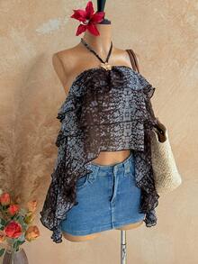 Soleia 春夏新款休闲度假西部海滩婚礼宾客礼服毕业早午餐连衣裙，圣帕特里克节春假复活节音乐节优雅波西米亚热带露背夸张荷叶边金属花卉印花豹纹女式吊带背心 - 彩色 - 查看 1