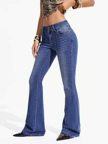 Flexra Pocket Skinny Flared Leg Color Block Pintuck Jeans - Dark Wash - View 5