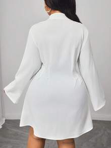 Truni Plus Size Casual White Button-Front Shirt Dress,Adjustable Sleeves,Fall,Winter,Work,Teacher,Business,Office,School,Going Out,Back To School, For Pear Triangle Body Shape - White - View 2