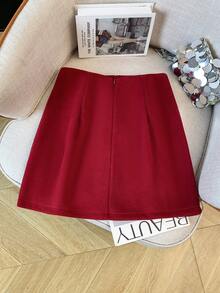 Elegant Short Skirt With Rhinestone Embellishment For Women - Burgundy - View 3