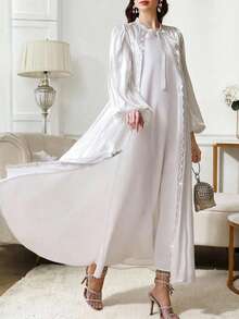 Al Najma Conjunto de bata de manga larga con decoración de rhinestones y vestido de cuello redondo sin mangas, estilo árabe abaya para mujer - Blanco - Ver 5