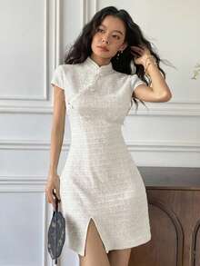 EastFlair 女士立领开衩设计优雅收腰迷你派对连衣裙 - 白色 - 查看 2