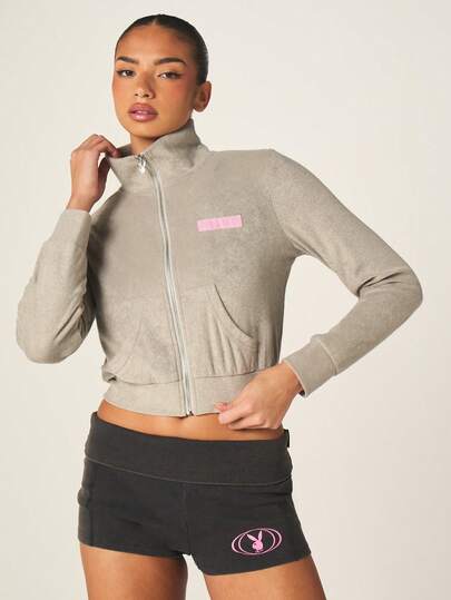 Missguided x Playboy Crop Fit Zip Up Towelling Jacket With Front Centre Pock