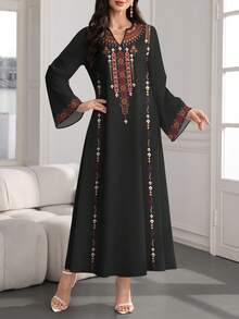 SHEIN Najma Geometric Pattern Digital Print V-Neck Flared Hem Long Sleeve Dress, Elegant Arabic Style Maxi Dress For Spring & Autumn - Multicolor - View 3