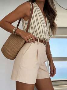 Balvessa Summer Casual Striped Sleeveless Top + Shorts Set - Apricot - View 5