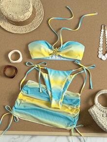 Bonvoyette 3pcs Women's Swimwear Bikini Summer Ombre Print, Vacation Bikinis, Tropical Ocean Print, Bra Built-In Crop Top Bandeau Vest Camisole Swimwear For Vacation , Beach Outfits, Garden Wedding Guest Dress, Elegant Set For Woman Velentines Newyear Party Vacation Outfit City To Beach Bohemia SS26 Spring And Summer Beachwear Women Vacation Outfit Sets Beach Outfits For Woman Women Swim Suit Set Women S Beach Outfits - Multicolor - View 3