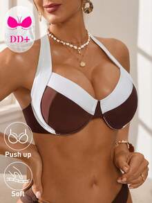 Swim DD+ Women's Summer Beach Color Block Halter Tie Sexy Bikini Top - Brown - View 6