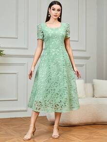 Modelyn 女士法式蕾丝优雅收腰长裙 - 綠色 - 查看 5