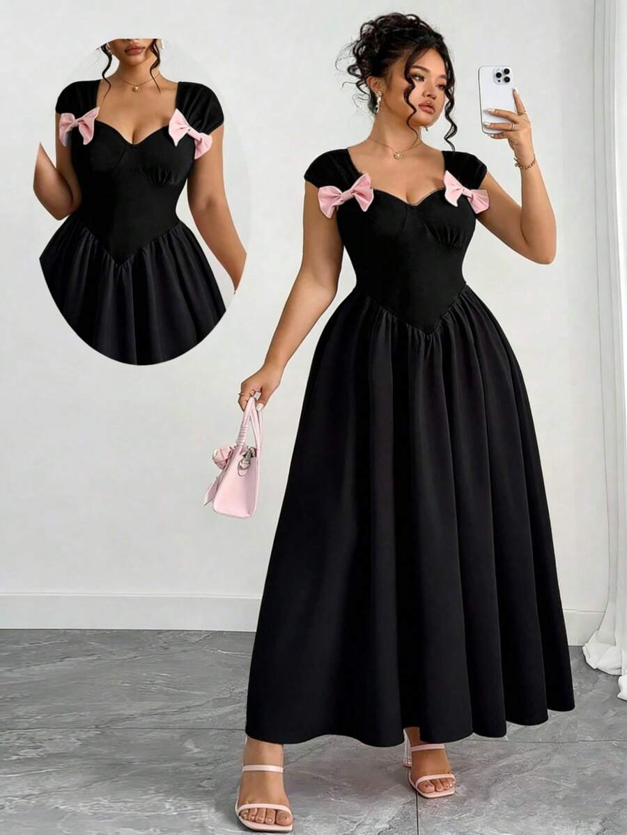 Elenzga Plus Size Black Elegant Summer Maxi Dress,Sweetheart Neck Bowknot Decor Sleeveless A-Line Festa Dress,Formal Long Party Beach Vacation Women Dresses - Black - View 1