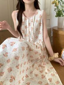 Summer Sweet Floral Cat & Dog Print Pleated Sleeveless Women Nightgown - Beige - View 8