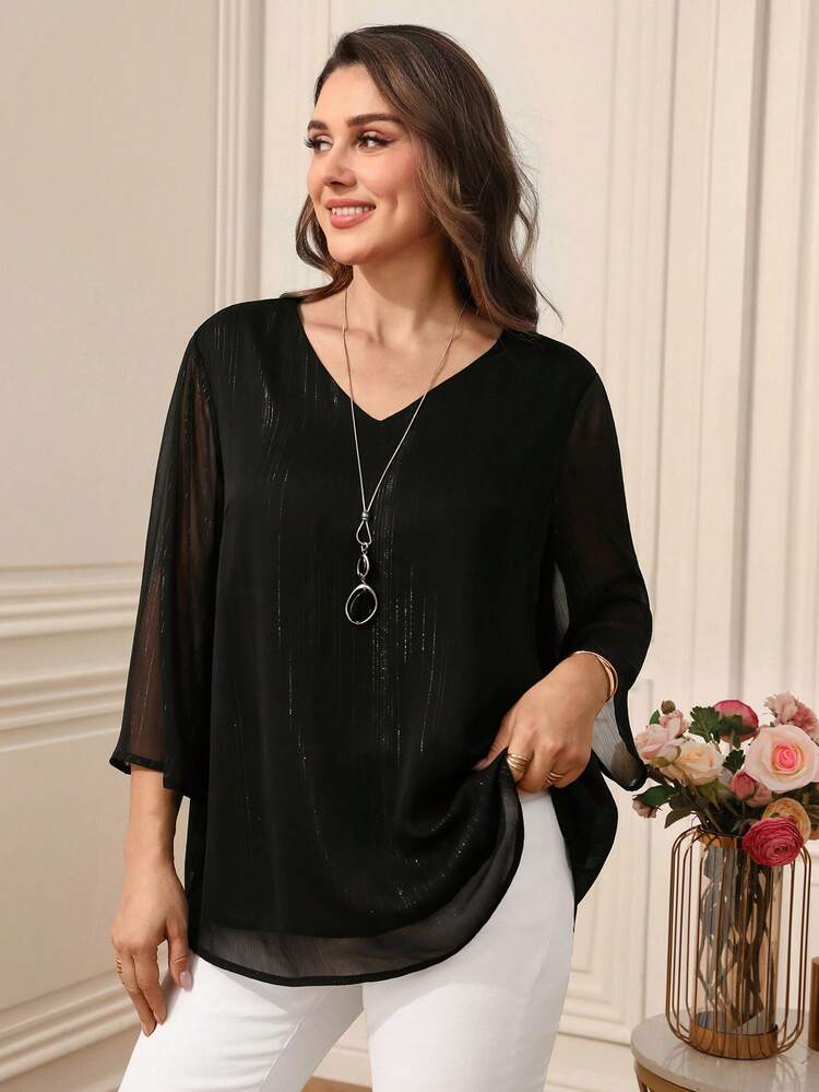 Plus Size Women's Summer Casual Vacation Elegant Casual V-Neck 3/4 Sleeve Solid Color Black Blouse Top, Spring/Summer/Elegant,Spring Break,Holiday,Going Out,2026 New,Simple And Fashionable For Everyday Wear,Suitable For Commute, Daily Wear, Chiffon Blouses For Women, Plus Size Black Top