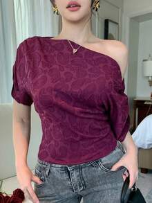 DAZY Women's Solid Color Batwing Short Sleeve Ruched Fashion T-Shirt Summer - Burgundy - View 3
