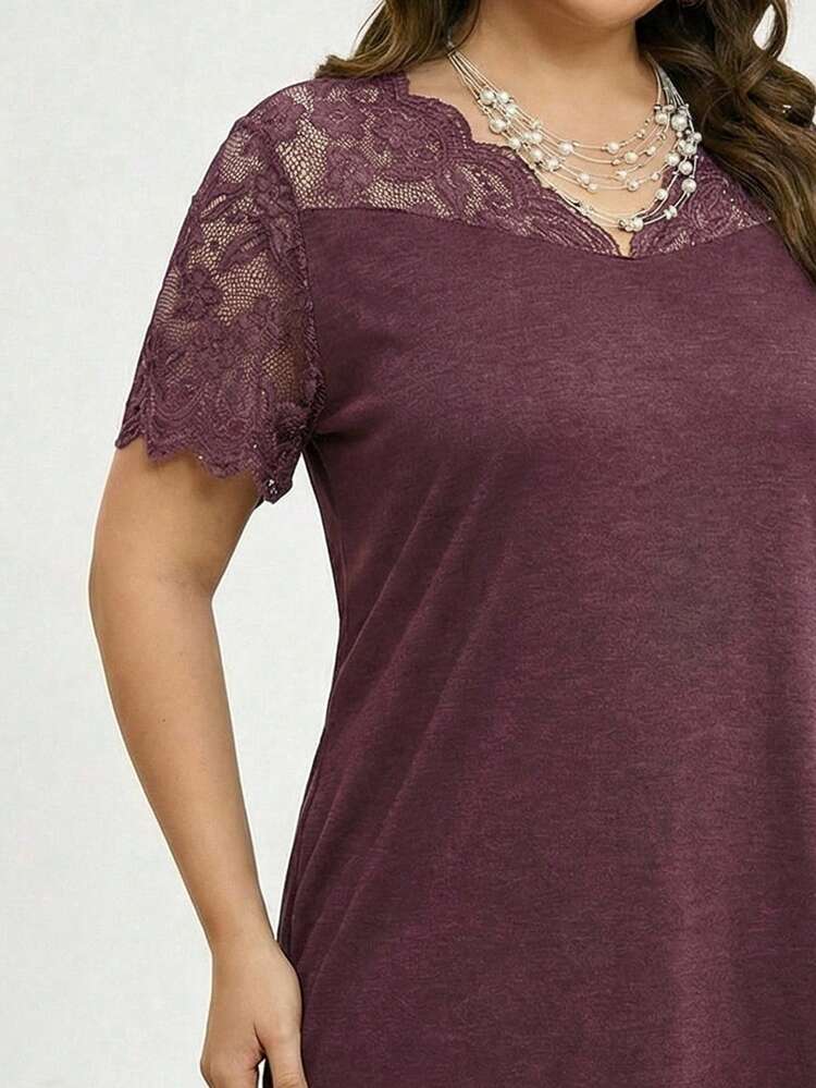 Plus Size Lace Patchwork Solid V-Neck Oblique Pocket Elegant Short Sleeve Dress